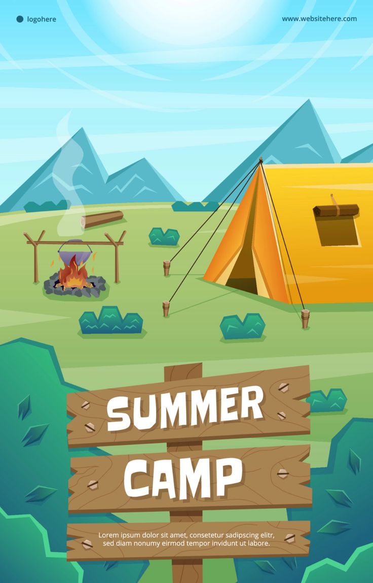 a camp site with a tent and fire in the background, text reads summer camp