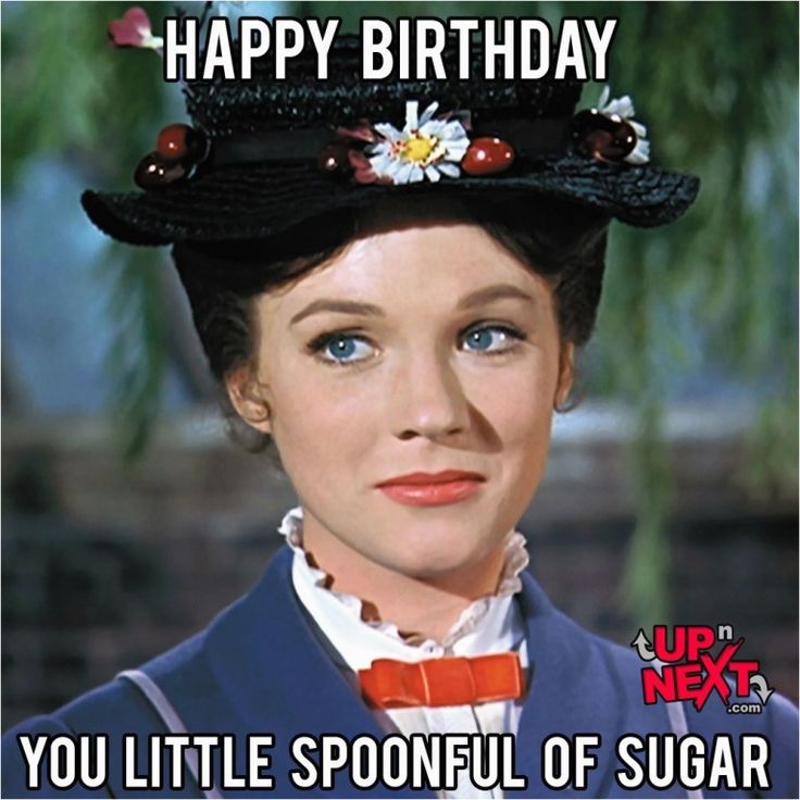 a woman wearing a hat with flowers on it and the caption happy birthday you little spoonful of sugar