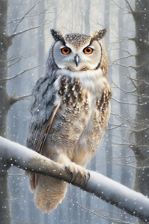 an owl perched on top of a tree branch in the snow with trees behind it