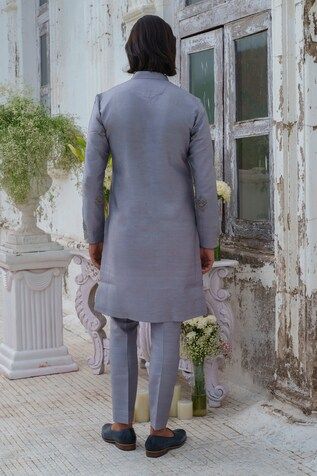 Grey kurta with bead, french knots embroidery in floral placement pattern. Paired with trouser. - Aza Fashions Traditional Churidar With Floral Embroidery For Reception, Unstitched Churidar With Floral Embroidery For Reception, Reception Churidar With Floral Embroidery, Embroidered Straight Kurta Bandhgala For Reception, Reception Churidar With Floral Embroidery And Long Sleeves, Diwali Sherwani With Floral Embroidery In Raw Silk, Festive Floral Embroidered Kurta For Reception, Wedding Bandhgala With Floral Embroidery For Eid, Designer Raw Silk Sherwani With Floral Embroidery