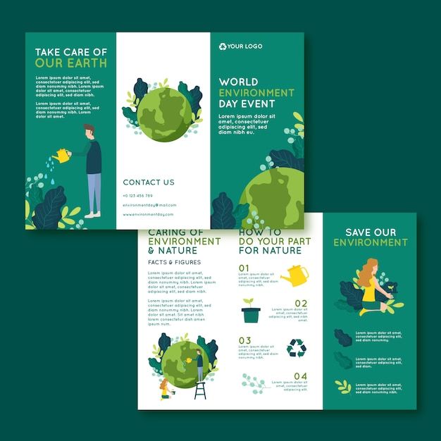 two green brochures with people and plants on them, one is for earth day