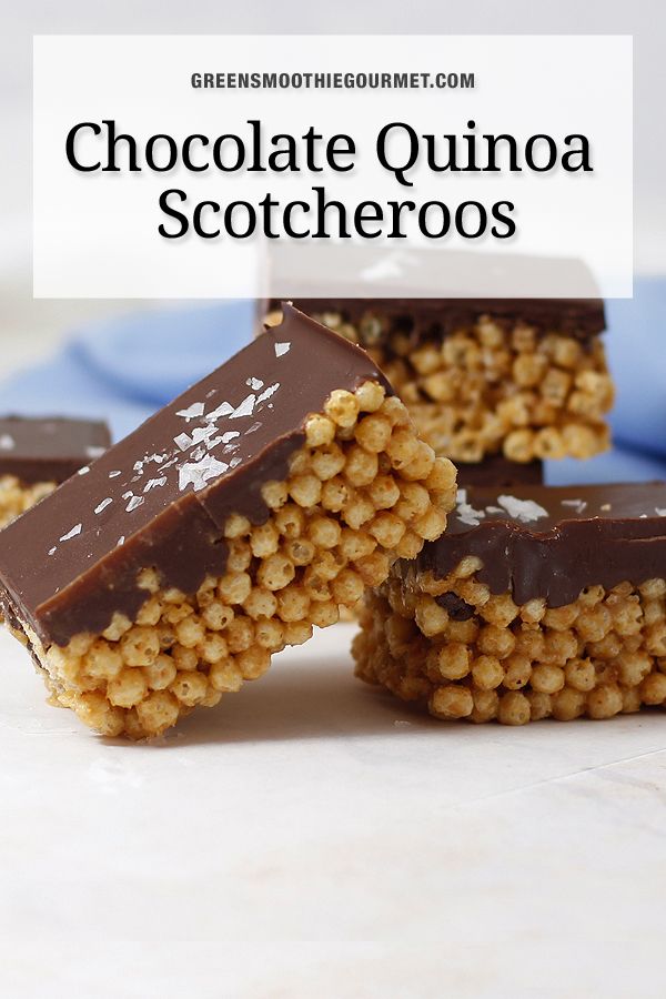 three pieces of chocolate quinoa scotcheroos stacked on top of each other