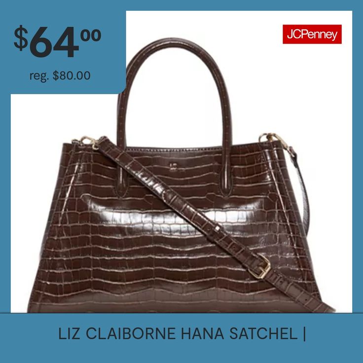 Complete your look with the Liz Claiborne Hana satchel. This faux-leather satchel features ample storage and a stylish design. Perfect for both work and play.Closure Type: SnapPockets: 3 Inside Slip Pockets, 1 Inside Zip PocketMetal Color: Gold ToneMeasurements: 3.85 Depth/Inches, 9.25 Height/Inches, 14.75 Width/InchesHandle Drop Length: 5 InchesMax Strap Drop Length: 26.5 InchesBase Material: 100% Faux LeatherFabric Description: Faux LeatherLining Material: PolyesterCare: Wipe CleanCountry of … Leather Satchel, Liz Claiborne, Handbag Accessories, Satchel, Women Handbags, Faux Leather, Handbags, Leather, Design