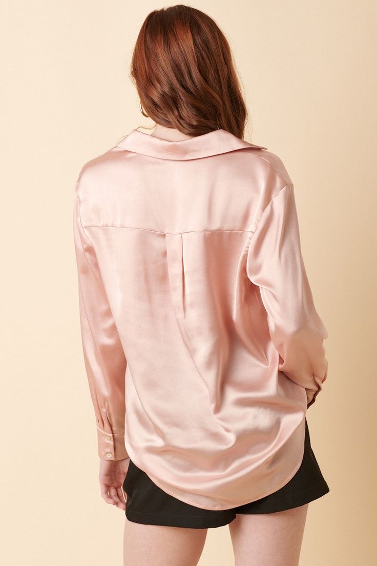 Dusty Blush Satin Blouse Button Down Polyester Feminine Solid Blouse With Button Closure, Feminine Solid Color Blouse With Button Closure, Feminine Solid Color Button-up Blouse, Feminine Button-up Solid Color Blouse, Chic Pink Top With Collar, Chic Pink Top With Button Closure, Chic Pink Tops With Button Closure, Feminine Collared Tops For Formal Occasions, Chic Pink Formal Tops