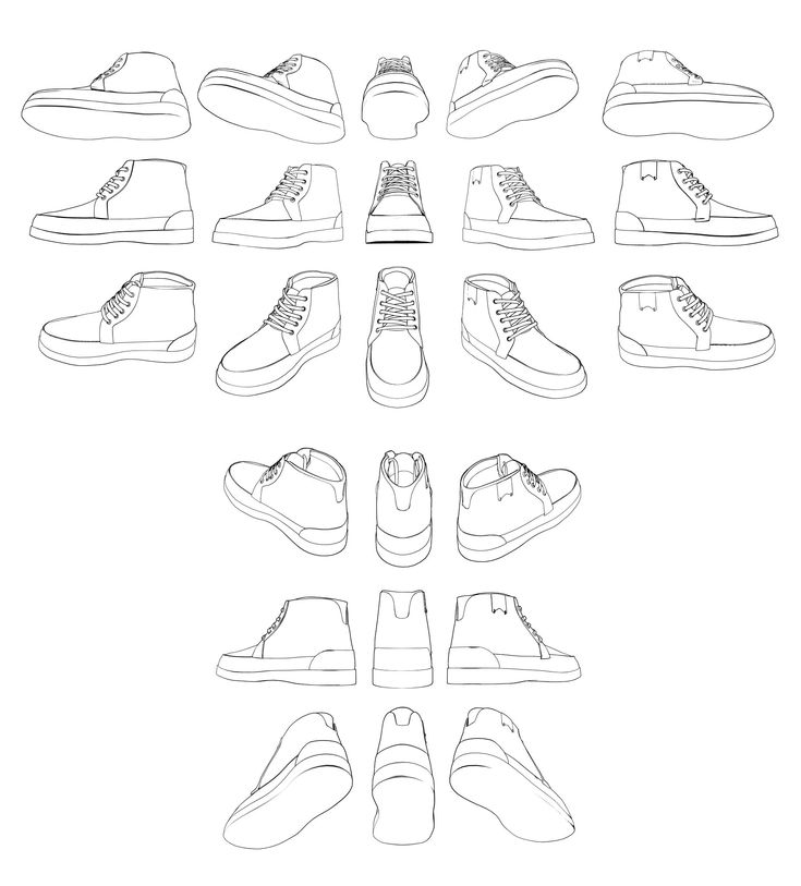 the different types of shoes are shown in black and white, as well as an outline drawing