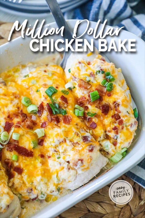 a casserole dish filled with chicken, cheese and green onions in a white baking dish