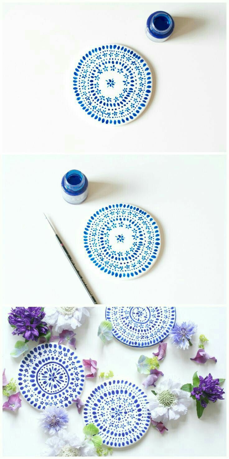 three different pictures of blue and white plates, one with flowers on the plate next to it