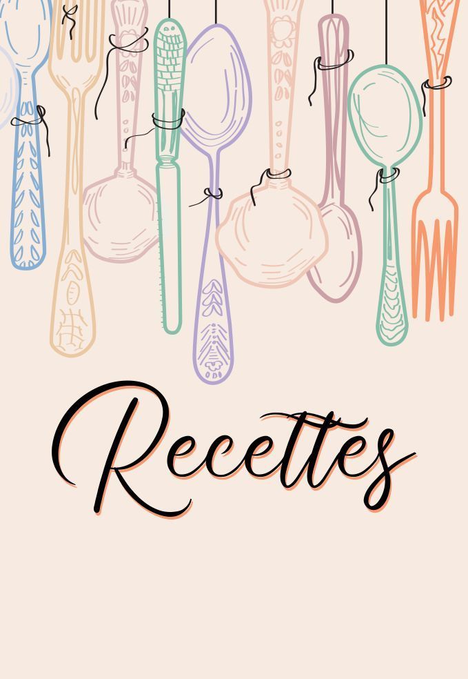 a bunch of spoons and spatulas hanging from the ceiling with words that read recettes