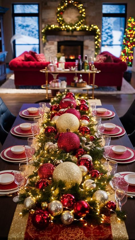 a dining room table decorated for christmas with red and gold decorations