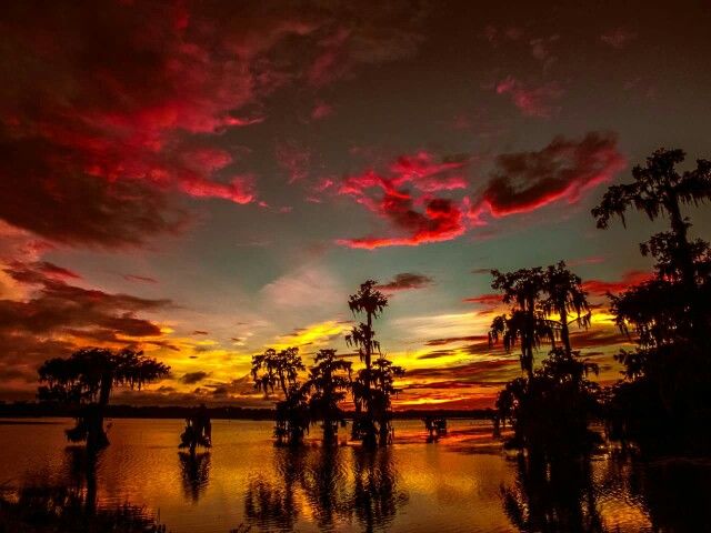 the sun is setting over some water with palm trees in the foreground and clouds in the background