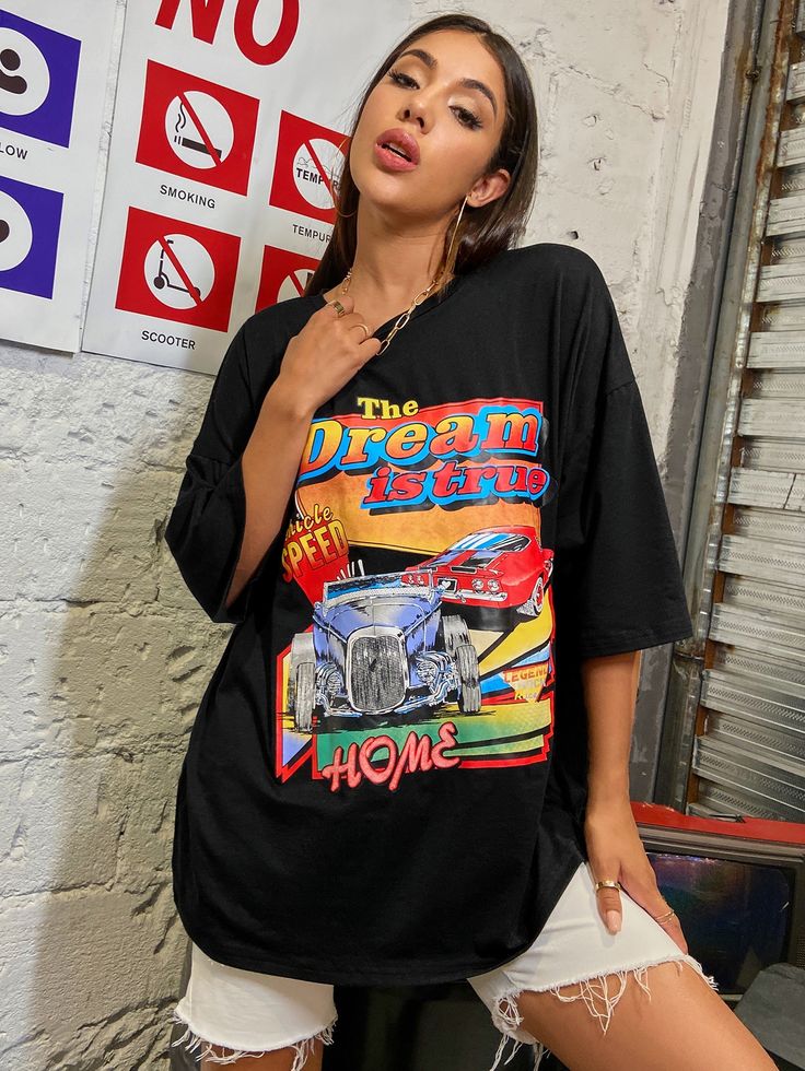 Car And Letter Graphic Boyfriend Tee | SHEIN ASIA Punk T Shirt, Round Neck Shirt, Vintage T Shirts, Streetwear Tops, Round Neck Tees, Loose Shorts, Racing Car, T Shirt Women, The Dream