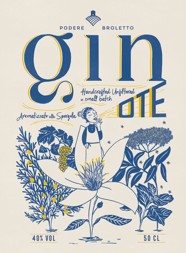 an advertisement for gin on the front cover of a book with blue and yellow flowers