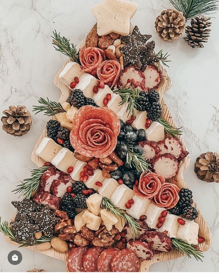 a platter filled with meats, cheeses and fruit