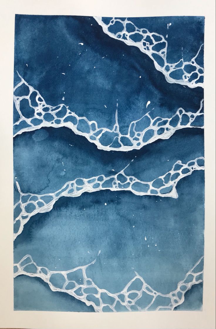 an abstract painting in blue and white with watercolors on the bottom half of it