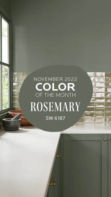 a kitchen with green cabinets and white counter tops, in the color of the month rosemary