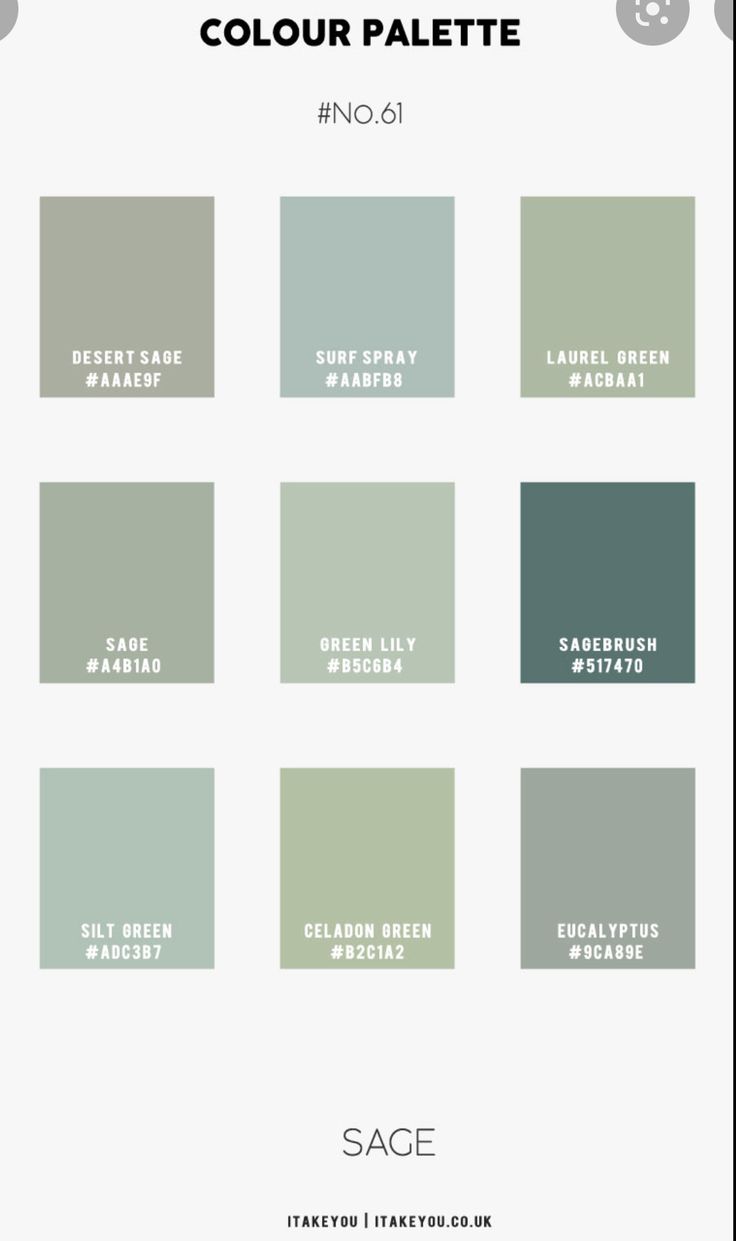 the color palette for sage is shown in shades of green, gray and white with text that