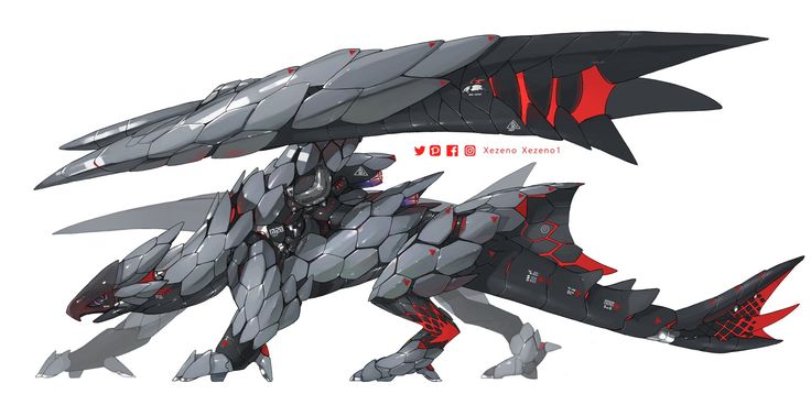 an image of a robot like animal that is in the shape of a dragon with red accents