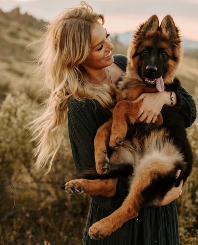 a woman holding a dog in her arms on the side of a hill at sunset