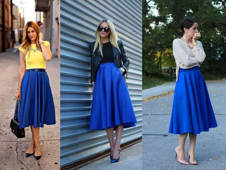 Electric blue skirt combos Blue Midi Skirt Outfit, Long Grey Skirt, Blue Skirt Outfits, Outfits Faldas, Royal Blue Skirts, Blue Midi Skirt, Clueless Outfits, Skirt Outfit, Beautiful Skirts