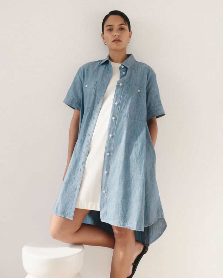 The Daytripper Shirtdress Ivy Blue ReChambray – Everlane Summer Shirt Dress With Pockets And Spread Collar, Spring Cotton Shirt Dress With Short Sleeves, Cotton Short Sleeve Shirt Dress For Spring, Casual Shirt Dress With Shirttail Hem For Work, Casual Summer Shirt Dress With Placket, Cotton Shirt Dress With Short Sleeves For Spring, Casual Shirt Dress With Placket For Summer, Relaxed Fit Collared Shirt Dress With Pockets, Spring Shirt Dress With Pockets And Short Sleeves