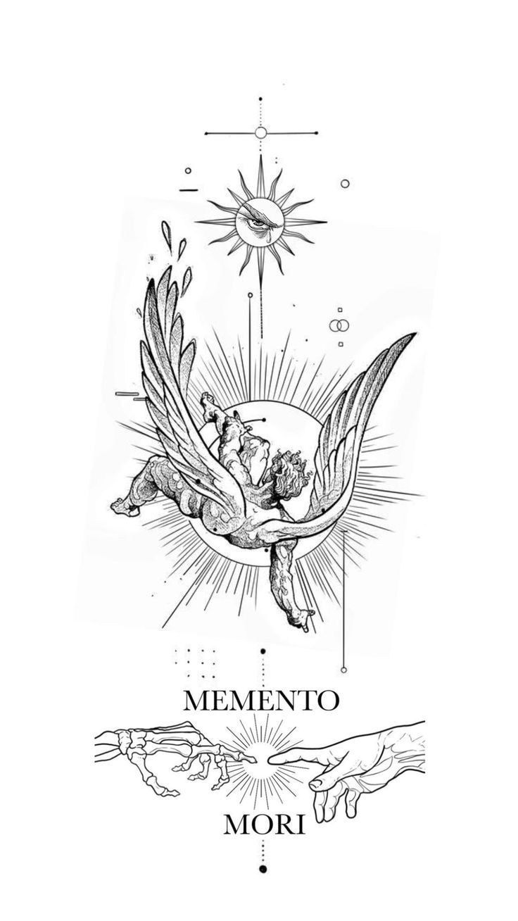 an image of a bird flying in the sky with sun above it and words that read mementoo mor us