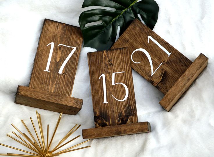 three wooden signs with numbers on them sitting next to a potted plant and some toothpicks