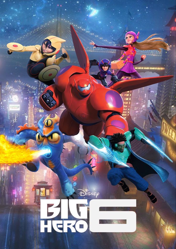 the big hero 6 movie poster with characters in front of a cityscape at night