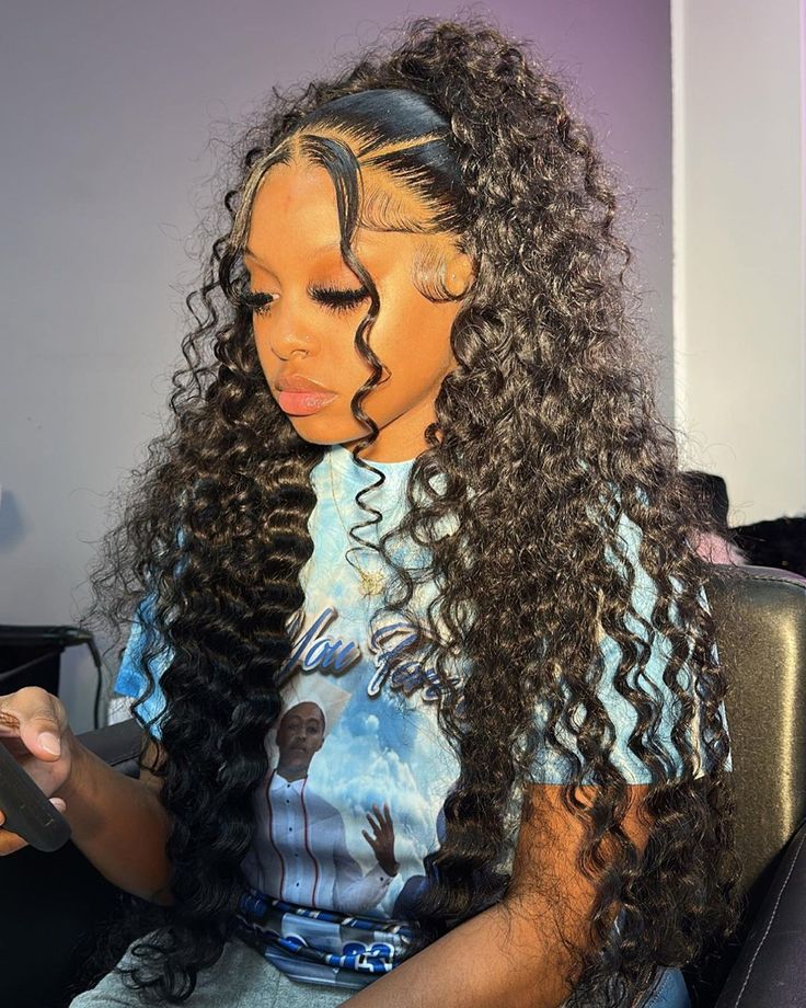 Cute Curly Lace Front Hairstyles, Highlighted Curly Wig Hairstyles, Curly Wig With Braids Black Women, Wig Install Hairstyles Curly, Bow Hairstyle Deep Wave Wig, Highlight Deep Wave Wig Styles, Braids With Curly Leave Out, Leave Out Weave Hairstyles, Curly Wig Hairstyles With Bow