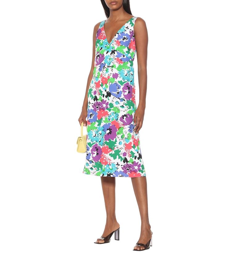 Floral twill midi dress in multicolor Printed Knee-length Midi Dress For Garden Party, Spring Printed Knee-length Midi Dress, Spring Knee-length Printed Midi Dress, Printed Knee-length Midi Dress For Spring, Summer Floral Print Mid-length Midi Dress, Floral Print Midi Dress For Daywear, Floral Print Mid-length Midi Dress For Summer, Summer Multicolor Floral Print Midi Dress, Multicolor Floral Print Midi Dress For Summer