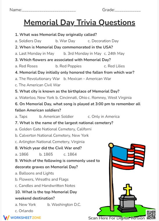 a memorial day trivia questionsheet with an american flag and a cross on it