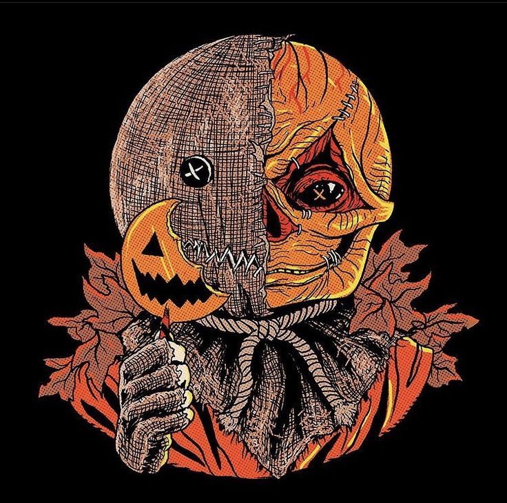 a drawing of a person wearing a pumpkin mask and holding a knife in front of their face