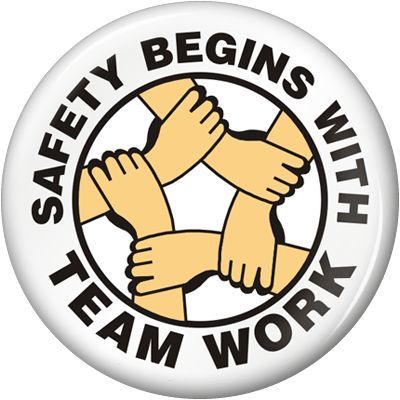 a sticker that says safety begins with team work on the front and back of it