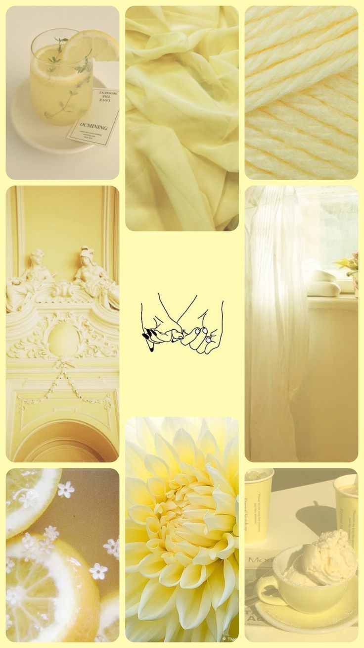 a collage of yellow and white pictures with flowers, candles, napkins and other items