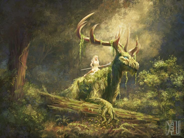 a painting of a woman sitting on top of a large animal in the woods with horns