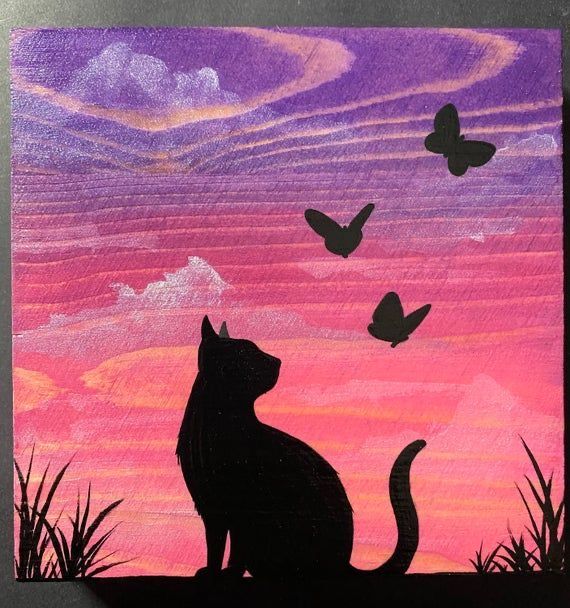 a painting of a cat sitting in front of a sunset with butterflies flying over it