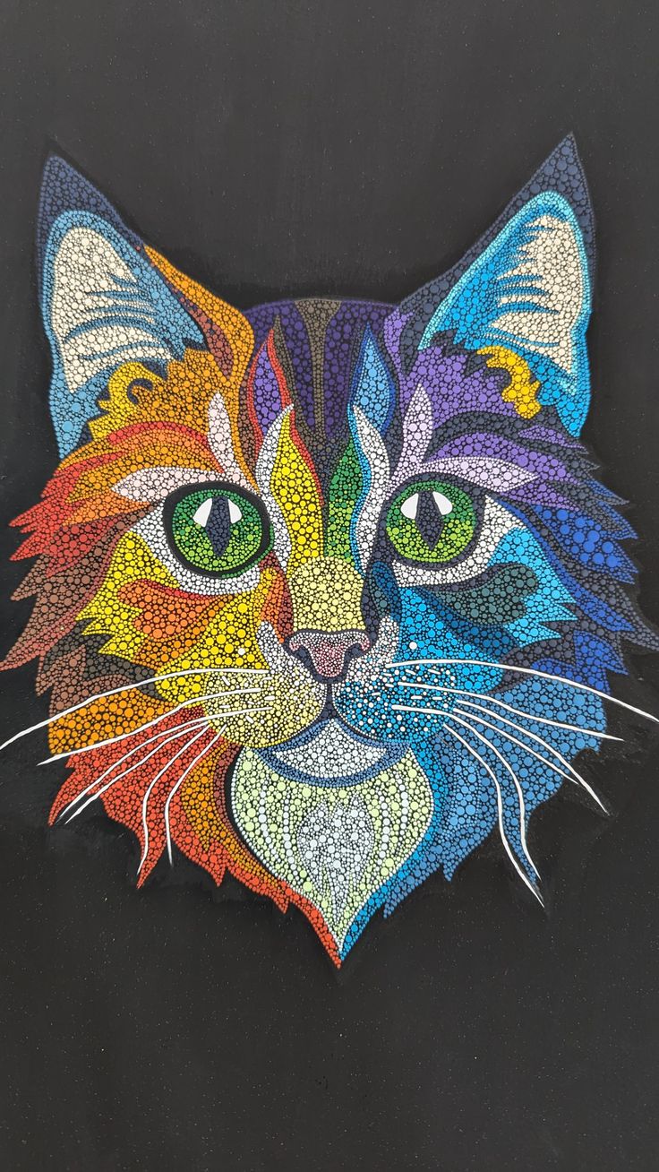 a drawing of a colorful cat's face on a black background with green eyes