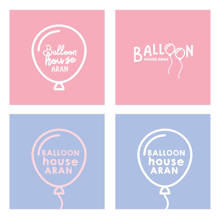 four balloons with the words balloon house aran in white on pink, blue and purple