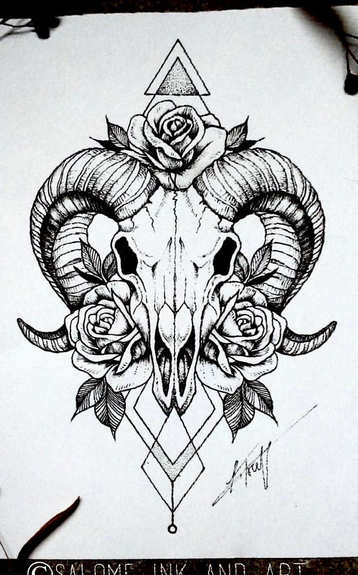 an ink drawing of a ram skull with roses on it's head and the words omme ink and art written below