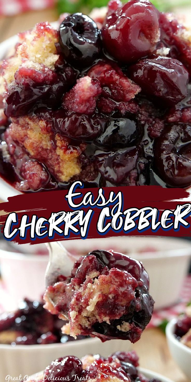 an easy cherry cobbler recipe with fresh cherries on top and in the middle