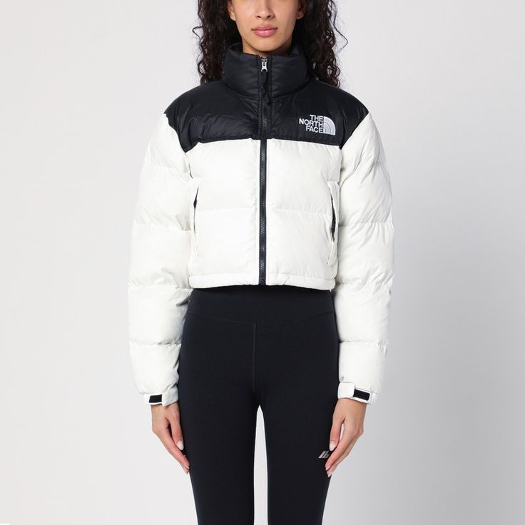 White nylon cropped down jacket from The North Face, featuring a high collar, a zip front fastening, an embroidered logo on the chest and back, two front zipped pockets and a drawstring at the bottom. Faux Leather Pencil Skirt, Balenciaga Black, Leather Pencil Skirt, Ivory Silk, Wool Trousers, Brown Leather Jacket, Bag Dress, Khaki Green, Green Leather