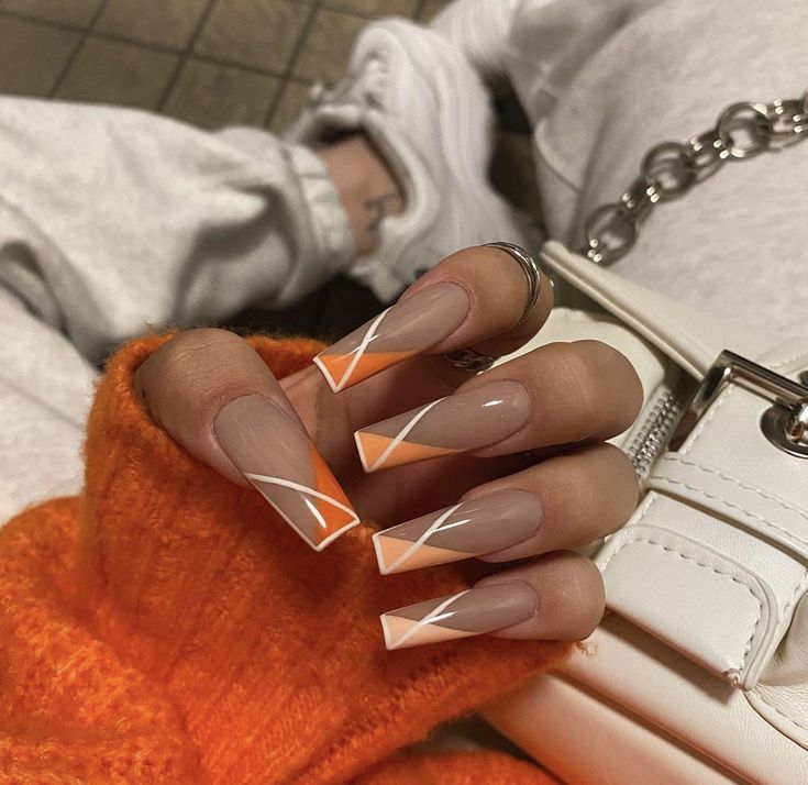 Orange And Grey Nails Color Combos, Orange September Nails, Two Tone Orange Nails, Orange And Silver Nails Acrylic, Fall Burnt Orange Nails, Matte Orange Nail Fall, Burnt Orange And Brown Nails, Color Scheme Nails, Brown And Orange Nails Fall