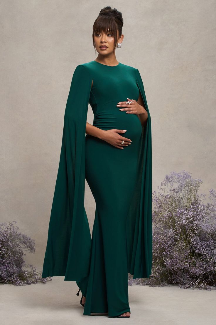 Divine Timing | Bottle Green Maternity Maxi Dress With Cape Sleeves Formal Dresses Maternity, Green Baby Shower Dress For Mom, Maternity Gala Dress, Pregnant Outfit Wedding Guest, Maternity Cocktail Attire, Elegant Maternity Outfits, Maternity Photo Shoot Dress, Pregnant Dress For Wedding Guest, Maternity Dresses For Wedding Guest