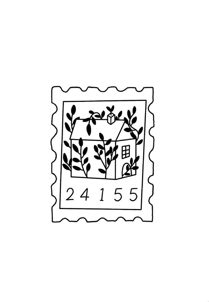 a stamp with a house and trees on it