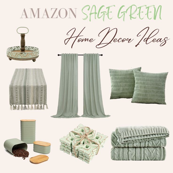 This pin shows several Sage green home decor items. A Sage green one tier tray. A green and cream knit table runner. Sage green floor length flowy curtains. Fluffy Sage pillows. Some modern styled Sage containers. A set of four wooden carved Sage coasters. And a comfy knit Sage green blanket! Sage Green Lounge Accessories, Sage Green Cream And Gold Bedroom, Sage Gray And White Living Room, Green Decor Inspiration, Bedroom Cream And Green, Neutral Living Room Sage Green, Sage Green Couch Living Room Decor, Sage Theme Living Room, Sage Green Window Treatments