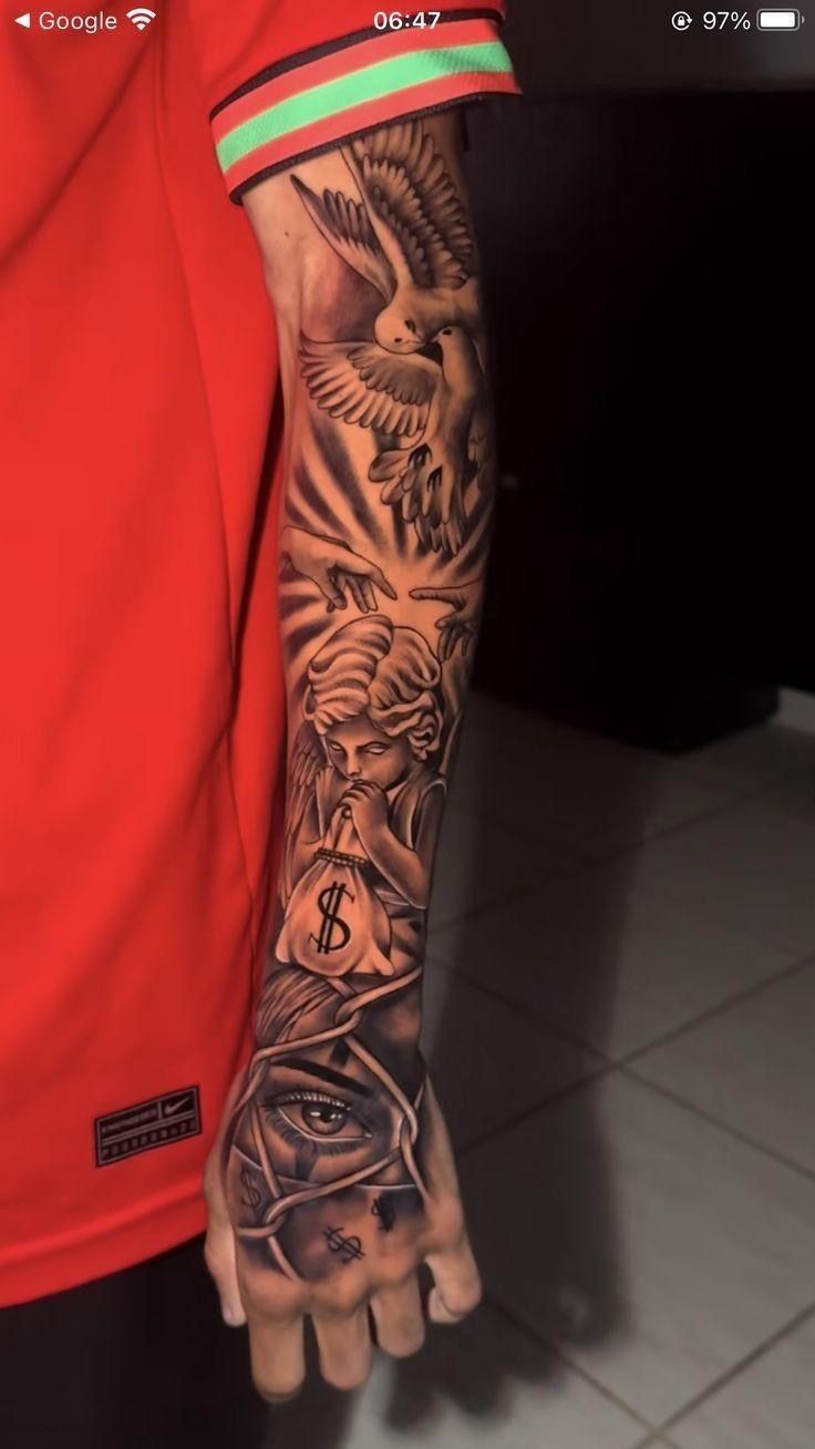 a man's arm with tattoos on it