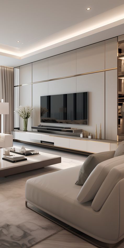 modern living room with white furniture and large screen tv