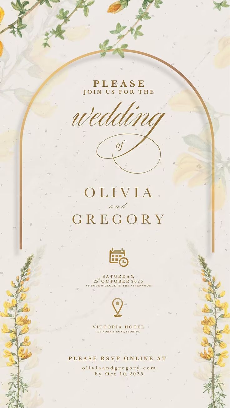 a wedding card with yellow flowers and greenery