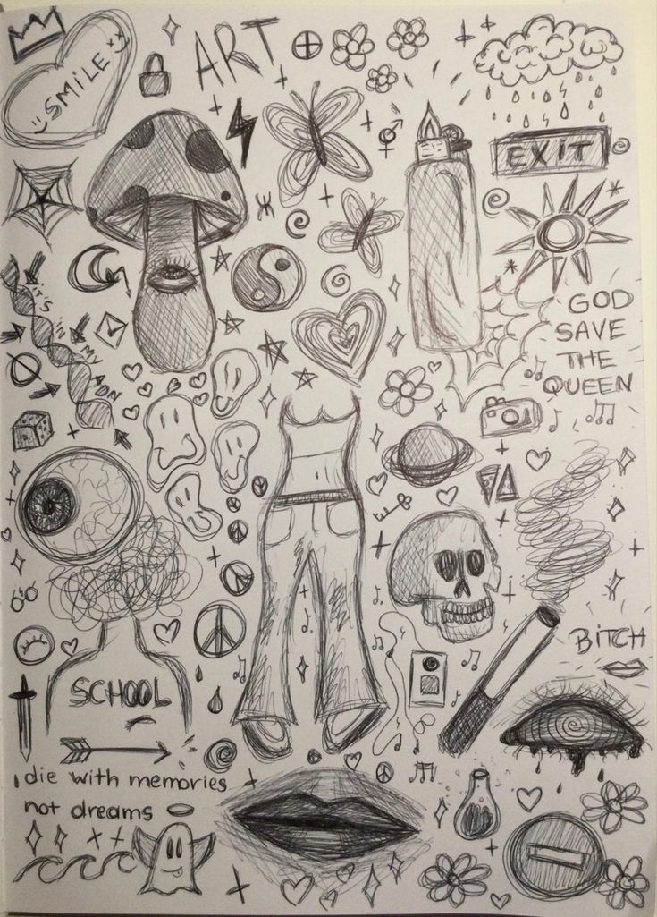 a drawing with different things on it and some words written in the bottom right corner