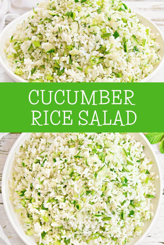 two white bowls filled with rice salad on top of a wooden table and the words cucumber rice salad above it