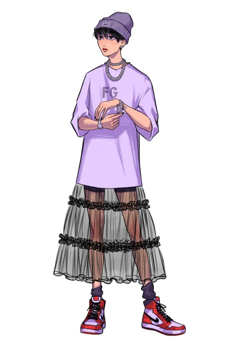 a drawing of a person wearing a purple shirt and skirt